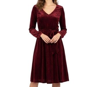 CALVIN KLEIN Women 14 Burnout Velvet Vneck Long Sleeve Midi Dress Sash Red Black